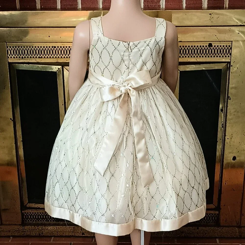 Girls Embossed Organza Dress 5 Special Occasions Cream & Silver Cottage Core